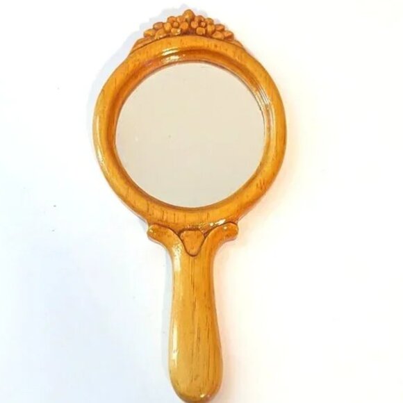Vintage Handheld Mirror Vanity Balsa Wood Carved Floral Lacquered - Picture 1 of 4